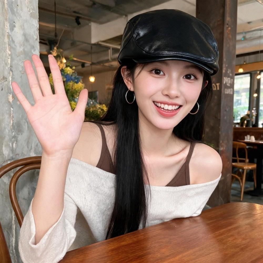 Gothic Y2k Berets Hat Harajuku Painter Hat Casual PU Leather Berets Hat Women