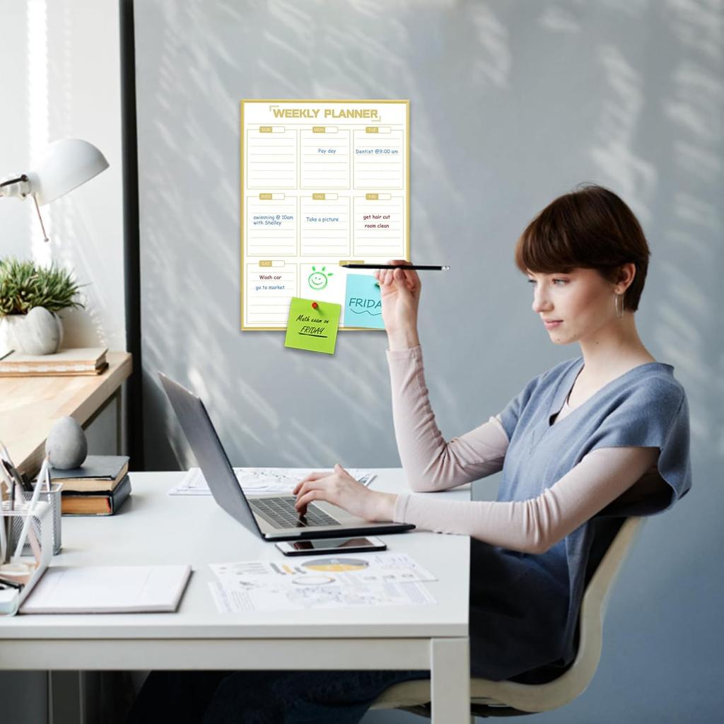 Dry Erase White Board Weekly Calendar Board, Magnetic Whiteboard for Wall,Gold Aluminum Frame Message Board,Vertical, Planner Board for Office, Home,