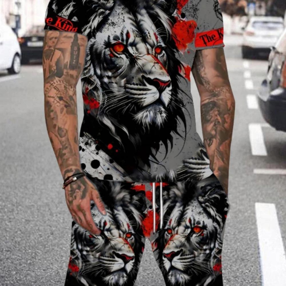 Plus Size 3D Lion Print Men's Cool T-shirt Shorts Set For Sports Fitness Summer Street Style Oversized Graphic 2Pcs Men Clothing