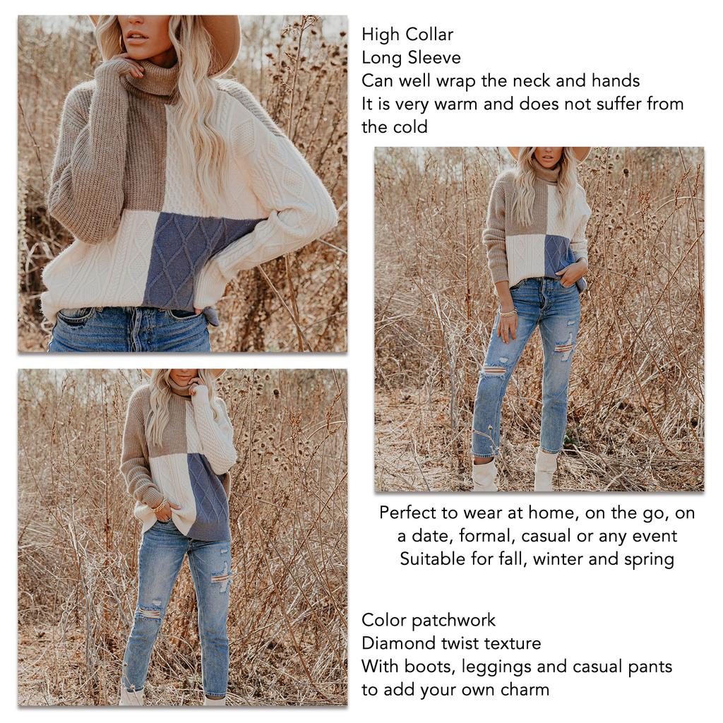 Damen Colorblock Rollkragen Hoher Kragen Langarm Lockerer Saum Gestrickter Damen Rollkragenpullover für