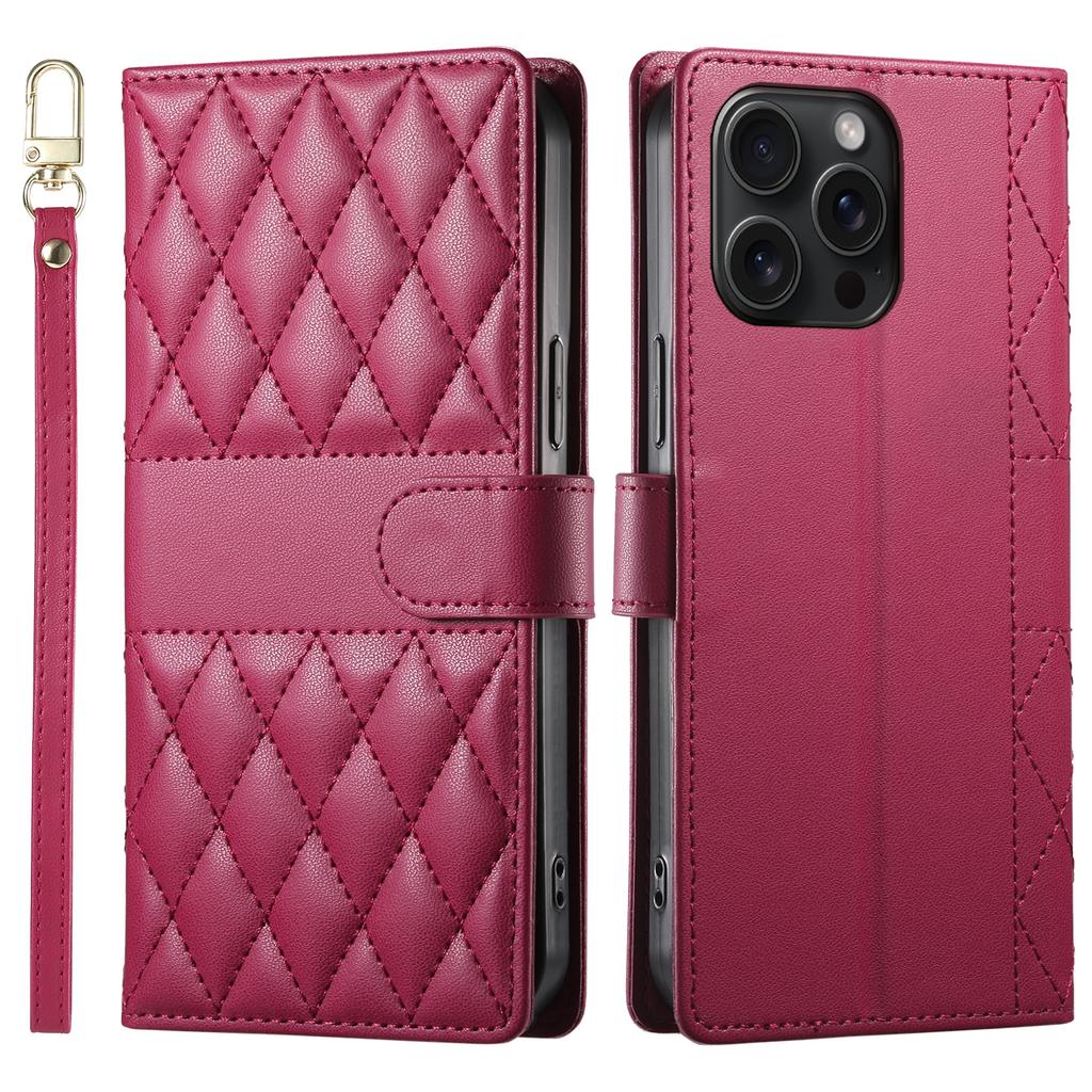 For iPhone 15 Pro Max Case Rhombus Stitching Wallet Stand Leather Phone Cover with Long/Short Strap