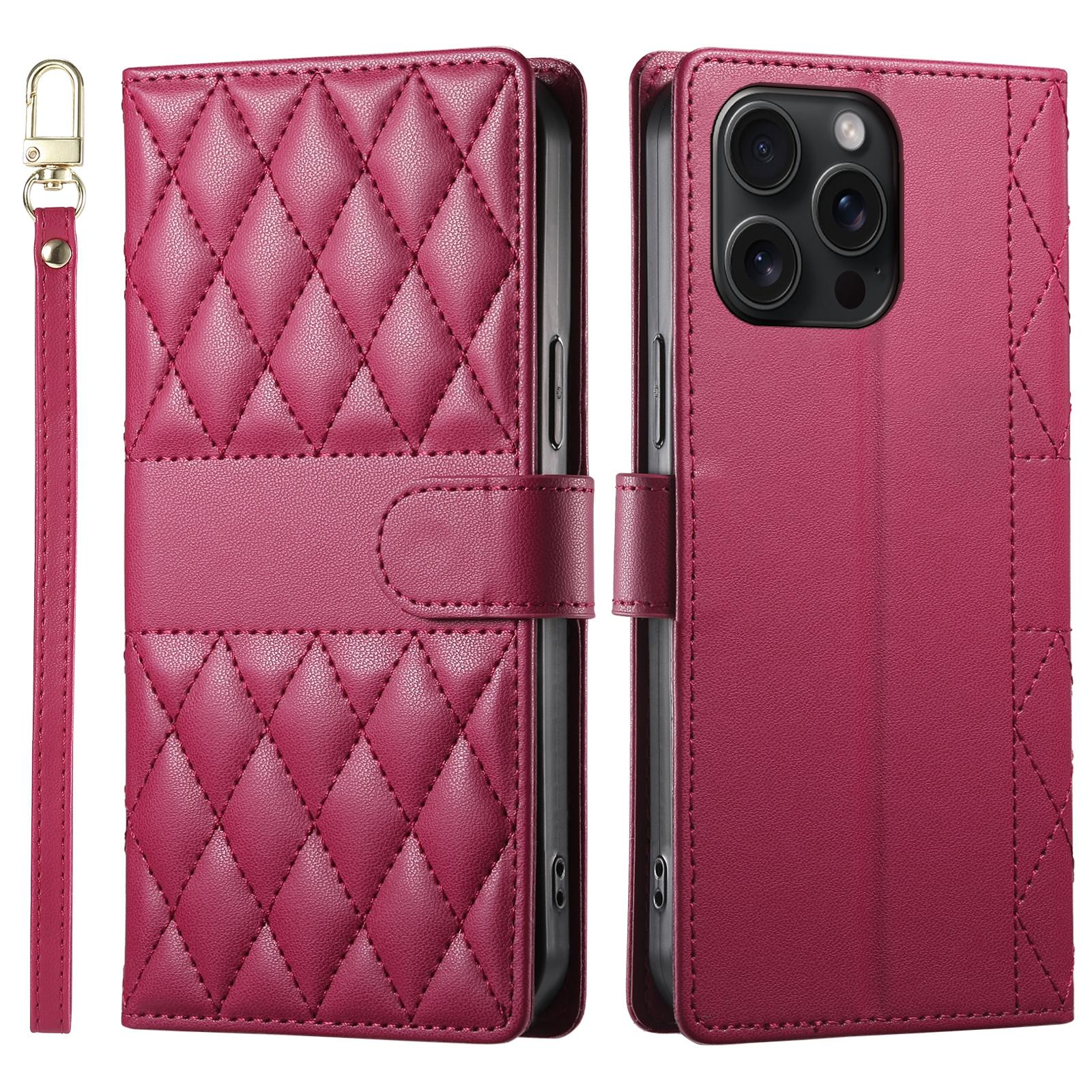 

For iPhone 15 Pro Max Case Rhombus Stitching Wallet Stand Leather Phone Cover with Long/Short Strap Red