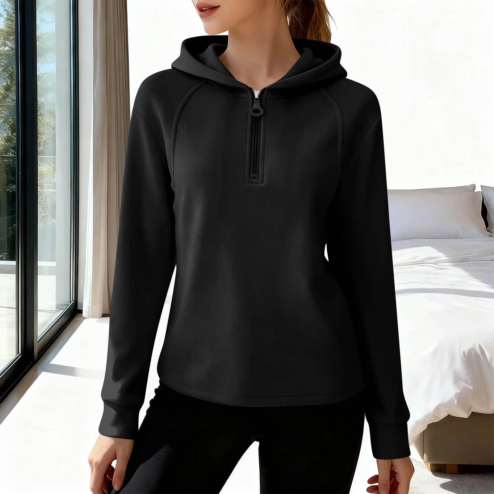 

Women s Casual Fashion German Velvet Warm Solid Color Half Zip Stand Collar Long Sleeve Top M чёрный