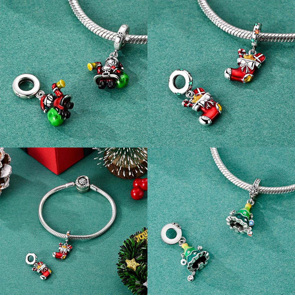 Shiny Christmas Tree Stocking Gift Red Christmas Pendant Bead Fit Bracelet Originalcopper Diy Accessory Set Women Jewelry