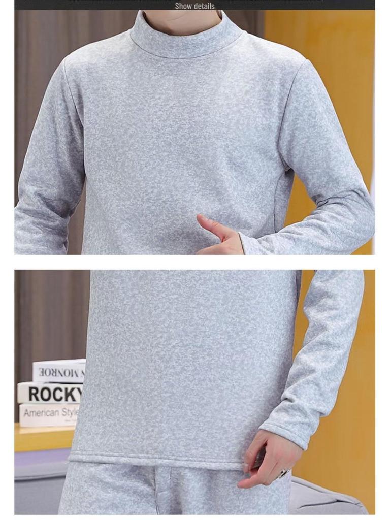Men's Autumn/Winter Warm Fleece Pajama Set - Half-High Collar, Solid Color, Middle-Aged & Elderly