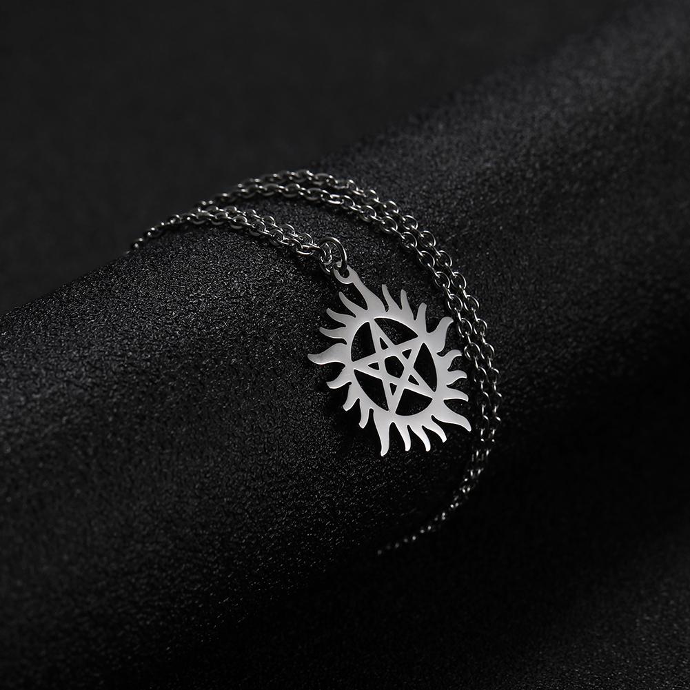 Stainless Steel Shining Sun Pentagram Pendant Necklace Supernatural Dean Statement Box Chain Necklaces Couple Women Men
