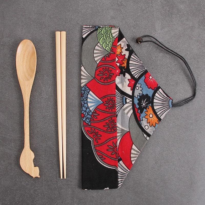 Wooden Cutlery Sets With Spoon Fork, Environmentally Friendly, Travel Portable, Tableware, Chopsticks, Cloth Bag
