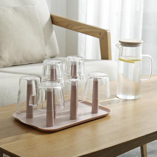Escurridor de Tazas de Plástico de 6 Ranuras con Bandeja de Goteo Organizador de Encimera Ahorra Espacio para Tazas Vasos Estante de Almacenamiento de Cocina Libre de BPA