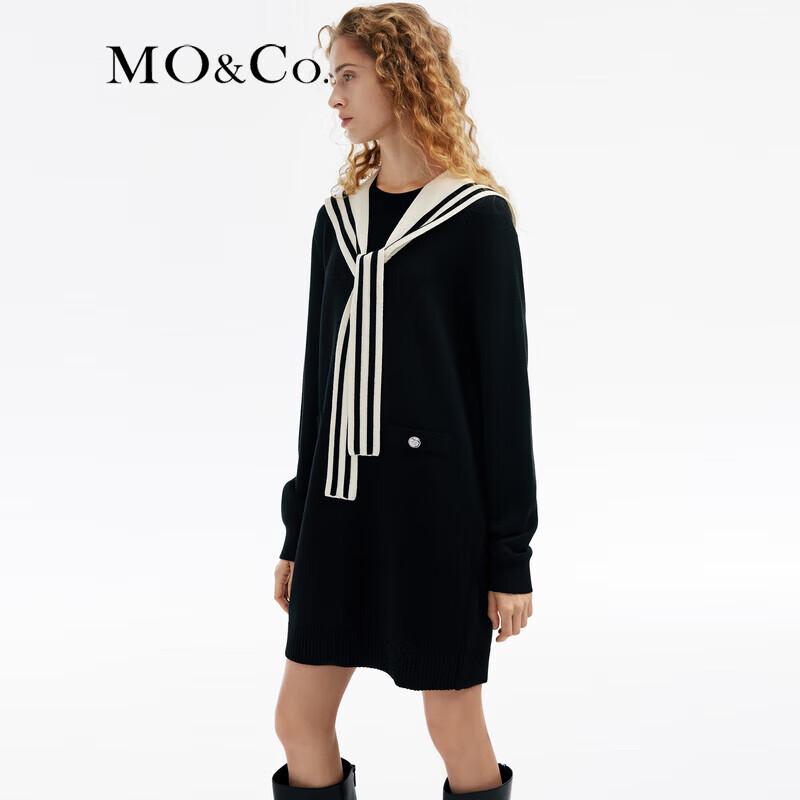 MO&Co. 2024 Spring Merino Wool Blend Shawl Dress with Navy Collar