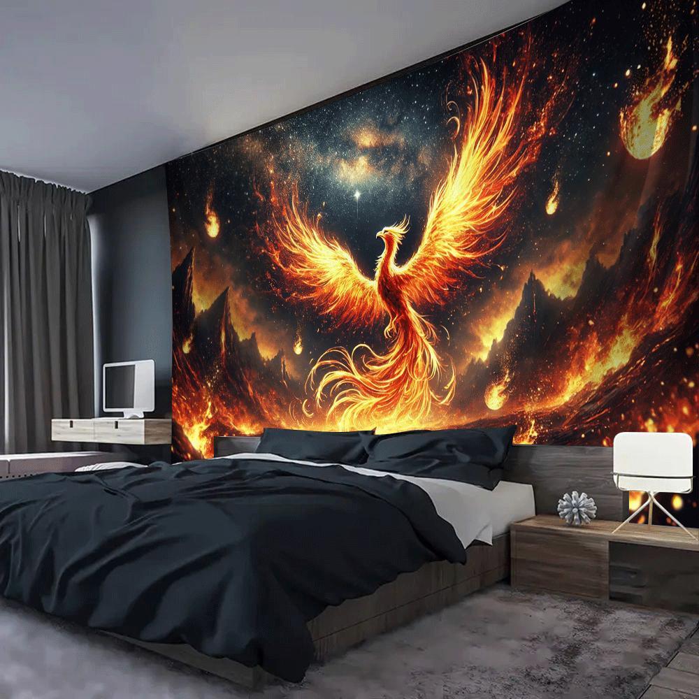 Fiery Phoenix Rising Flames Fantasy Tapestry Mythical Bird Wall Art Bedroom Decor Spiritual Power Background Print