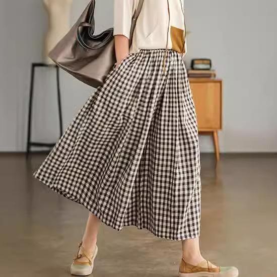 2024 Autumn Plus Size Plaid Cotton Linen Wide-Leg Skirt Pants - Elegant and Casual