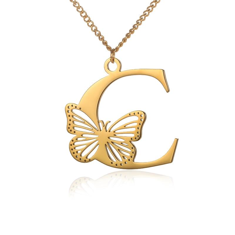 Dainty Big Butterfly Letters Necklaces For Women Girl Jewelry Stainless Steel Chain Initial Pendant Necklace Best Accessories