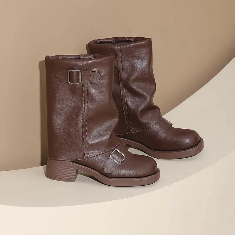 2025 New Western Style Women's Cowboy Boots Folded Mid-Calf Retro Color Rubbing Thick Heel Fashion Cuff Boots