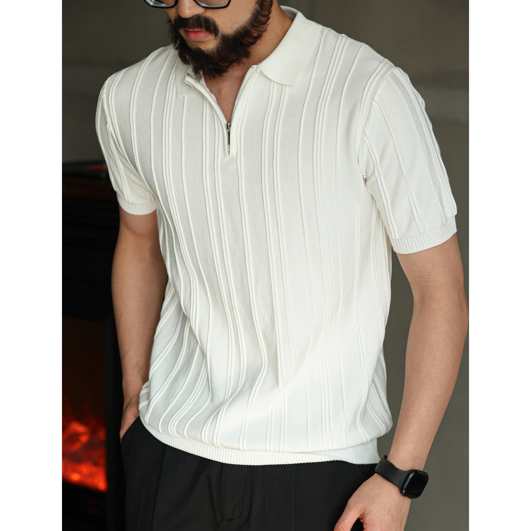 Men S Striped Knit Half Zip Polo Shirt Summer Ice Silk T Shirt M белый
