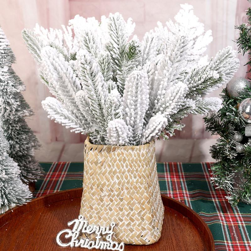 20/1PCS Christmas Pine Needle Branches Cypress Leaf Flocked Pine Xmas Tree Artificial Fake Plant Wreath Ornament Snow Twig Decor