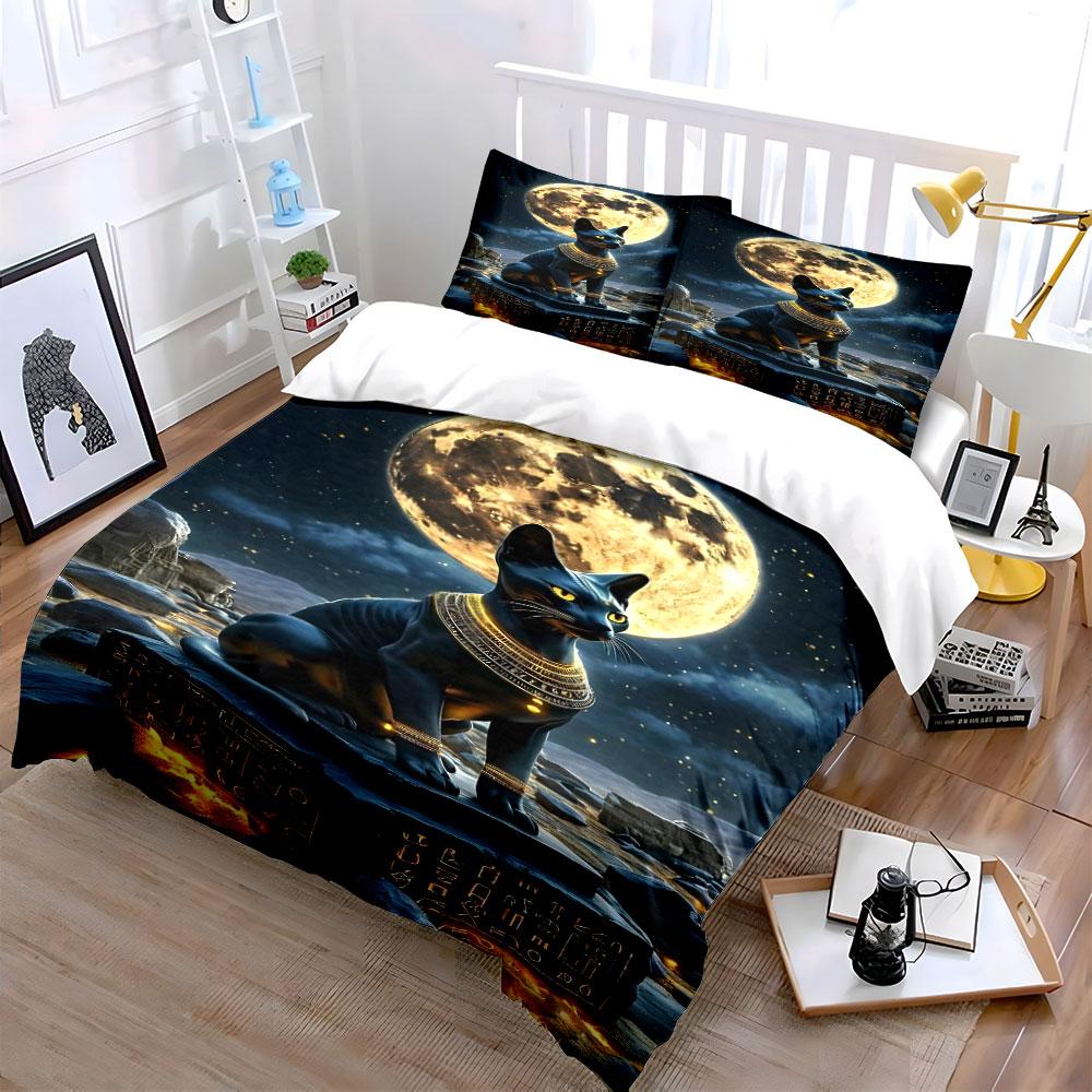 Egyptian Cat Statue Under Moon Bedding Duvet Cover Set (1*Duvet Cover 2*Pillowcases, without duvet insert)