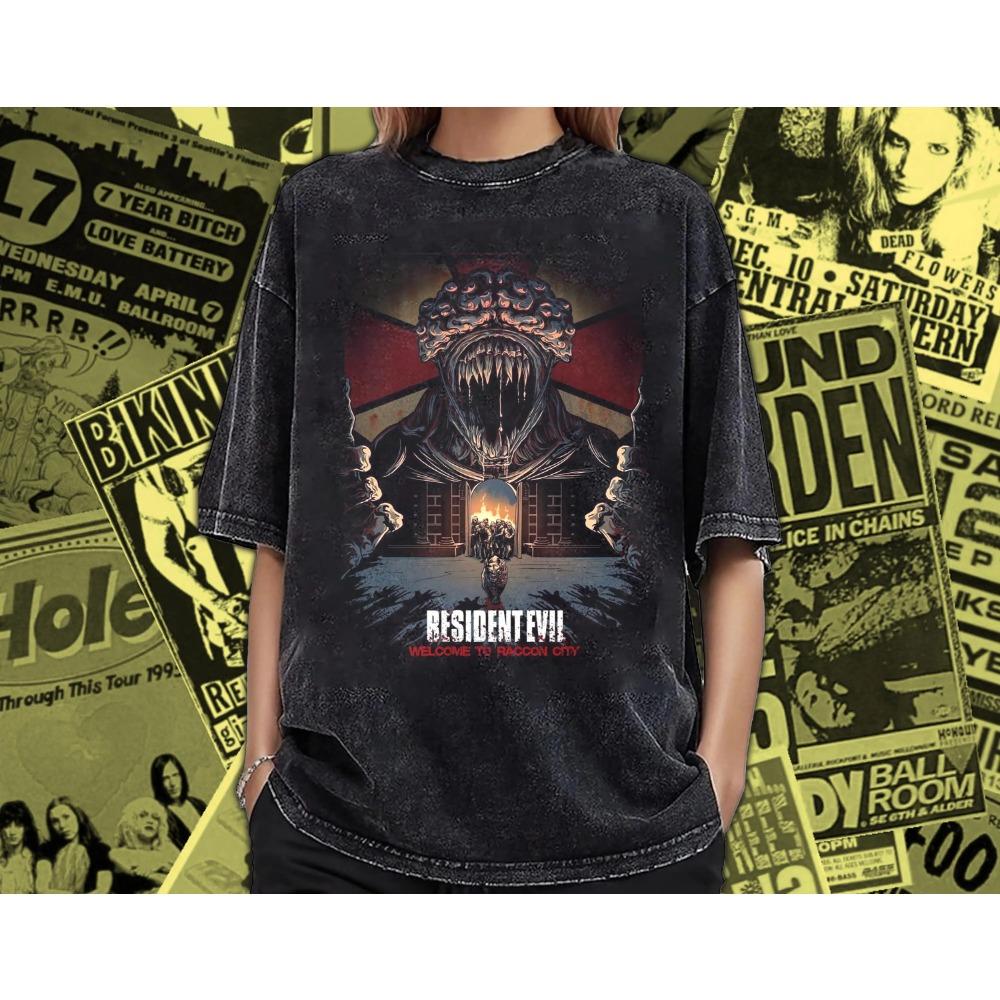 

Retro Washed Resident Evil T-shirt Frightening T-shirt From The Prehistoric City Printed Pattern T-shirt for Daily Wear S
