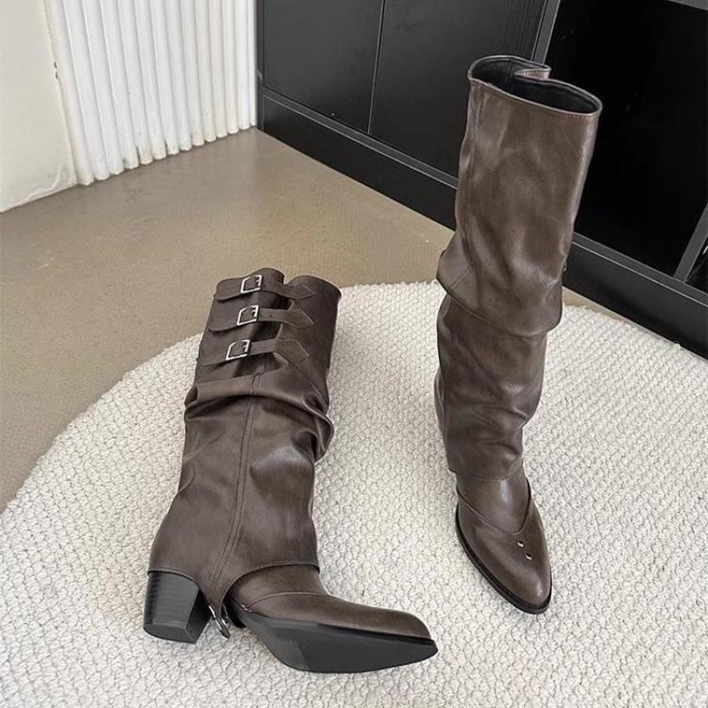 Z Women's Brown Western Cowboy Pleated Slouchy Knee-High Riding Boots with Pointed Toe