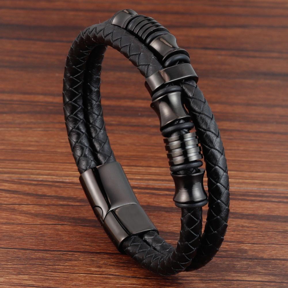 New Fashion Multilayer Leather Bracelet for Men Jewelry Punk Stainless Steel Bangle Magnetic Buckle Black  Color