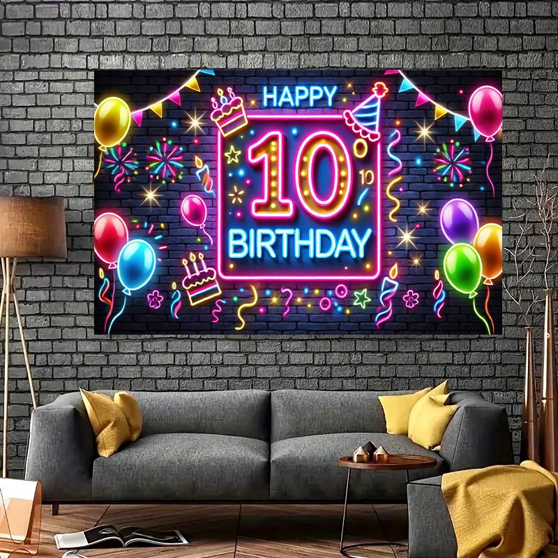 A 10th Birthday Party Banner, Vibrant Neon Design, Multi-purpose Celebration Decoration, Studio Background