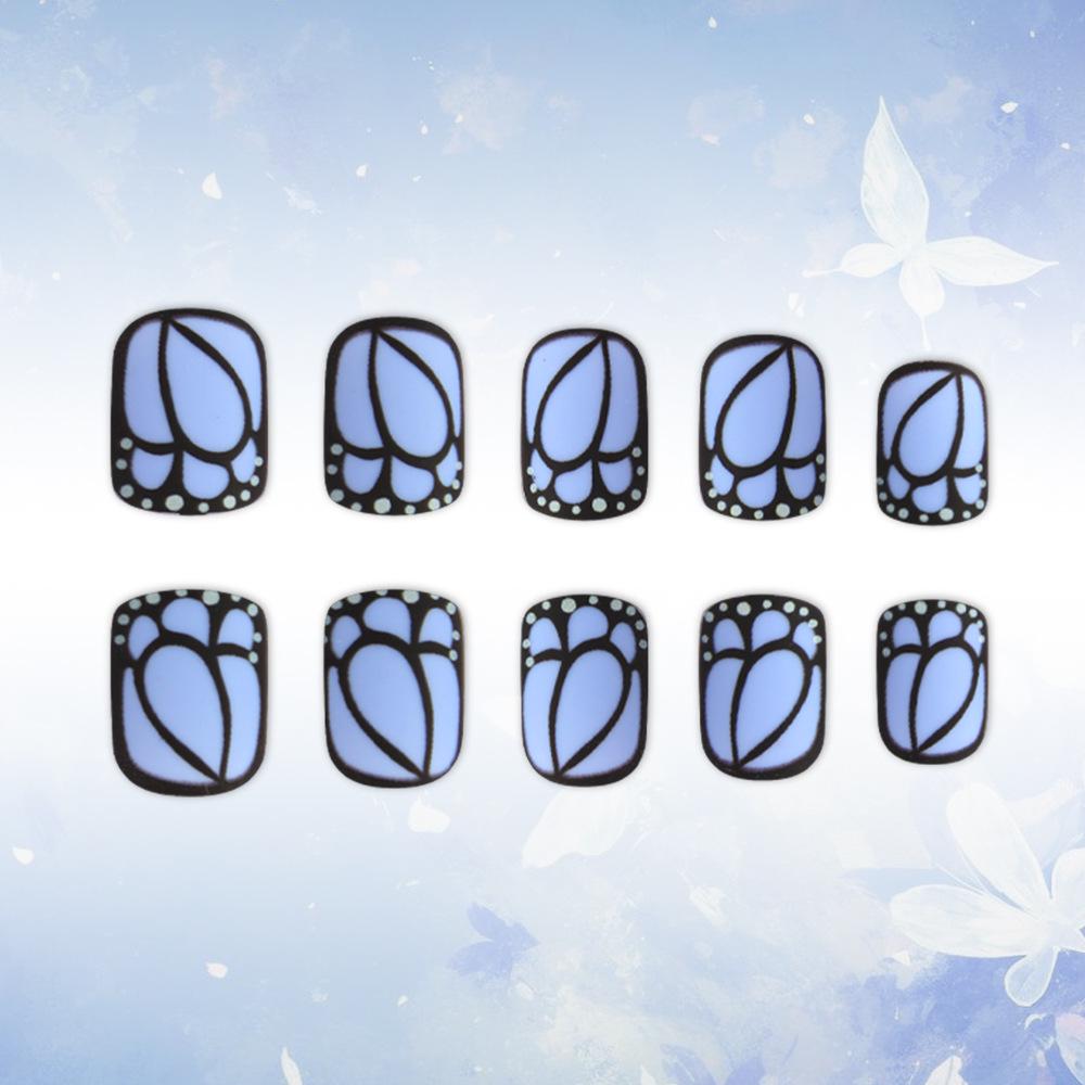 Spring/Summer Blue Butterfly Frosted False Nails - 24 Piece Set: Short, Square, Removable, Girly, Simple, and Cool.