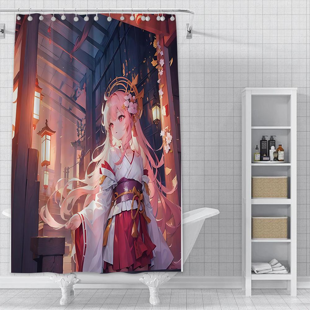 Shower Curtain Genshin Impact Yae Miko Anime Waterproof Fabric Bathroom Curtain With Hooks, Aesthetic Decorative Bath Curtain Fo