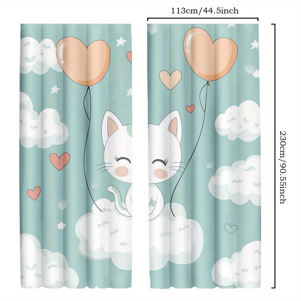 2pcs Cute Cat Window Drapes for Bedroom Living Room Green Kawaii Animal Curtains
