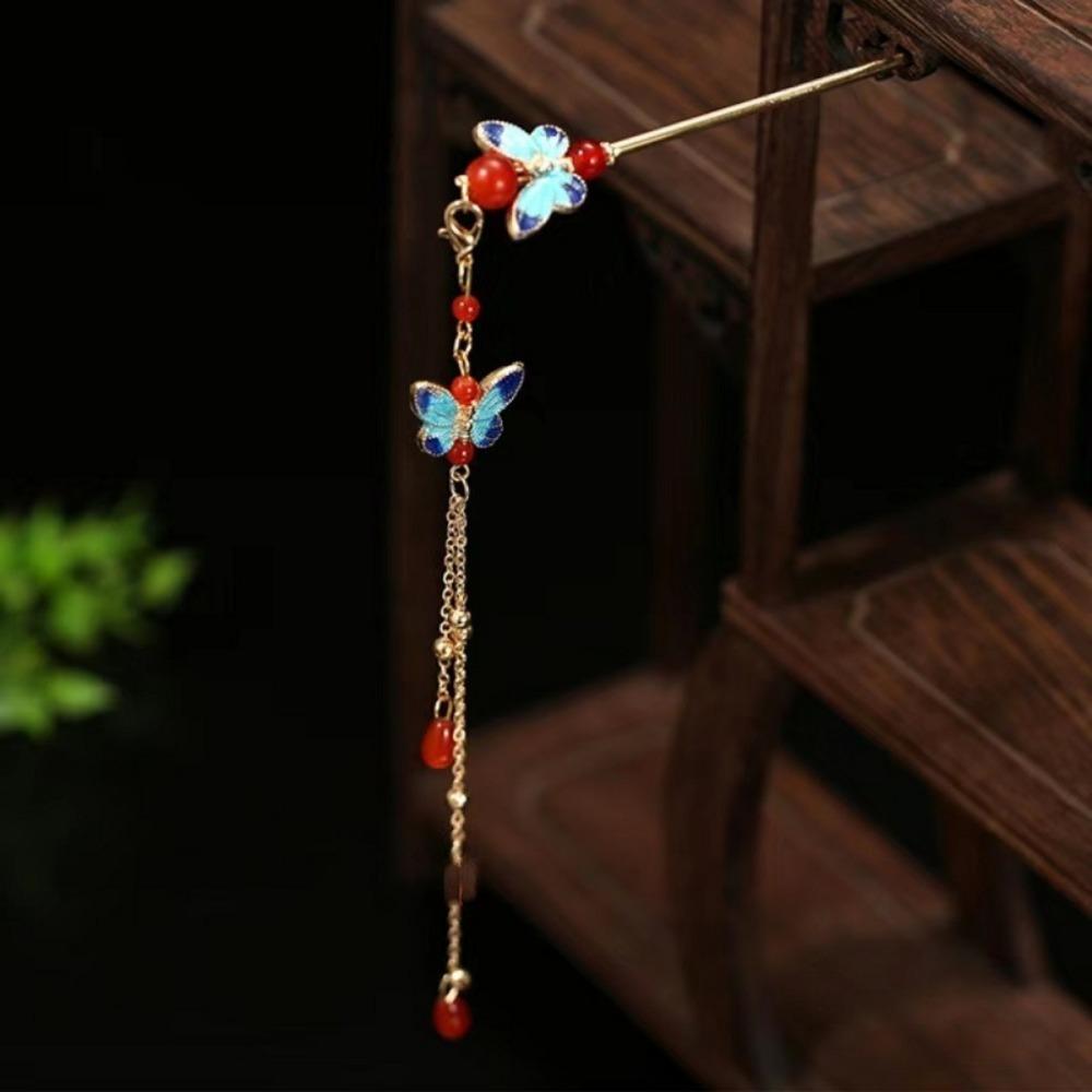 

Dancing Butterfly Hairpin Vintage Chinese Metal Tassel Step Shake Clip Bun Colorful Retro Hair Jewelry with Classical Elegance золотистый