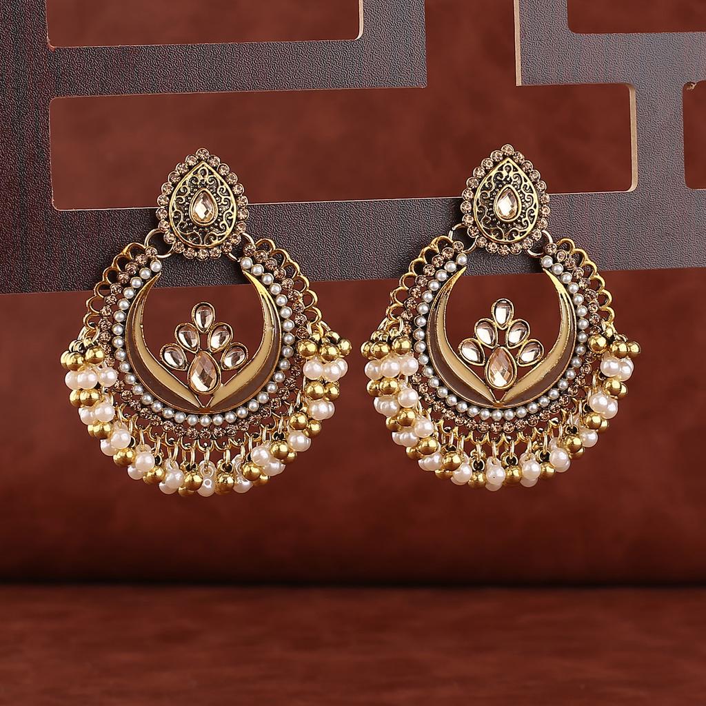 Elegant Waterdrop Earrings with Diamonds and Pearl Tassels Indian Luxury Vintage Alloy Bell Earrings for Creative Women