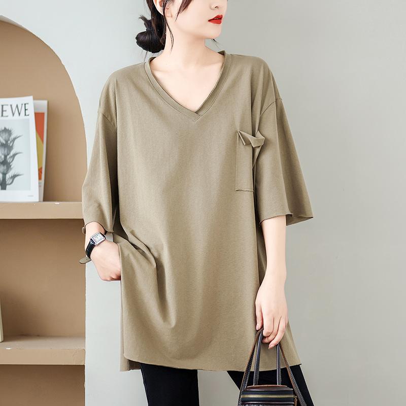 Dimanaf Camiseta de talla grande de verano 2025 para mujer, cuello en V, manga corta, lisa, holgada, maxi