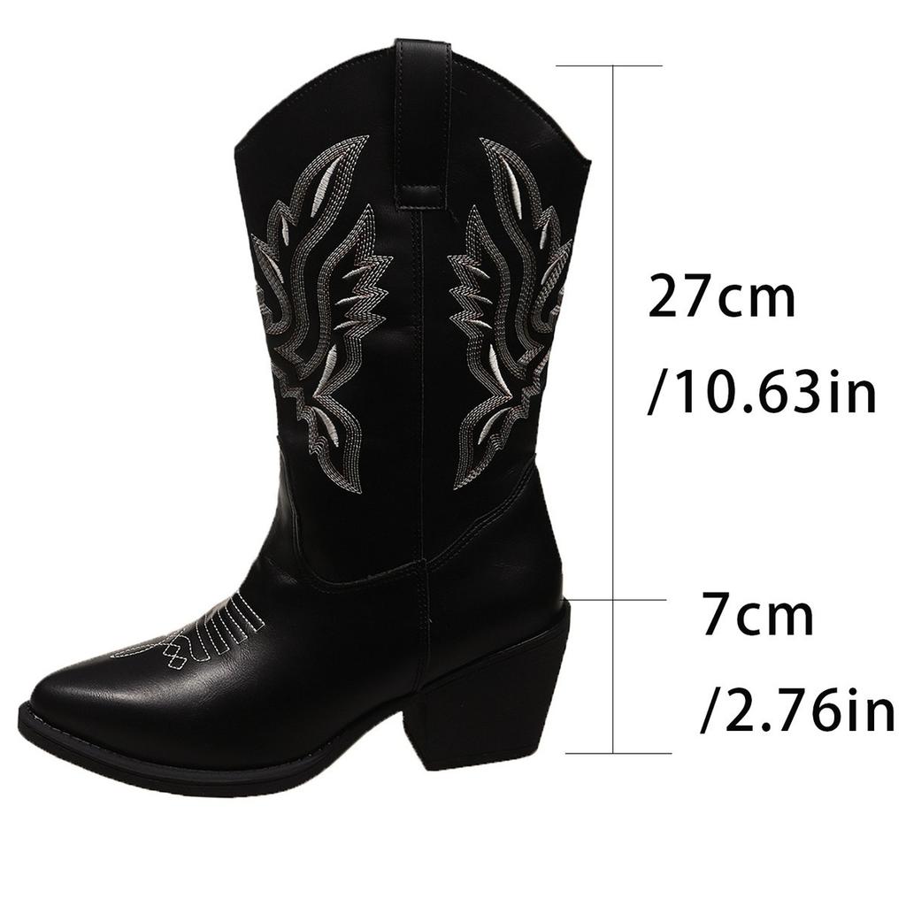 Women's Embroidered Martin Boots, Western Style Mid-Calf Riding Boots, Chunky Heel Cowboy Boots for Women