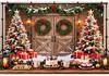 Christmas Barn Door Backdrop Snowy Trees Wreaths Red Gold Ornaments Gifts Rustic Winter Holiday Party Photography Background