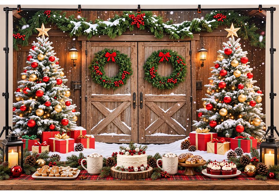 Christmas Barn Door Backdrop Snowy Trees Wreaths Red Gold Ornaments Gifts Rustic Winter Holiday Party Photography Background