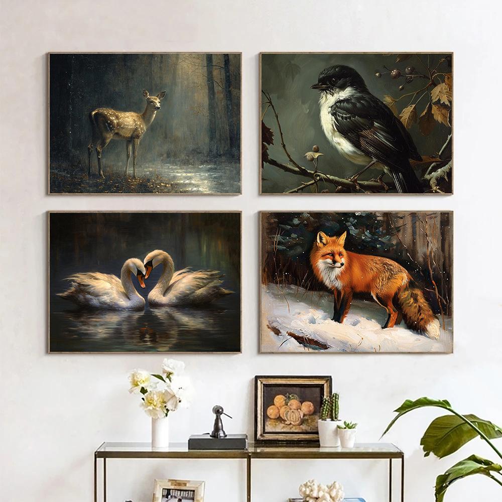 Canvas Dark Forest Wildlife Fox Lion Black Swan Retro Posters Prints Wall Art Picture Living Room Home Decor Wall Decor