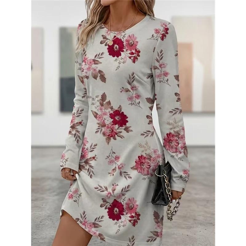 Spring Autumn Women Dress Casual Long Sleeve O-neck 3D Print Loose A-Line Dress Oversized Home Wear Robe