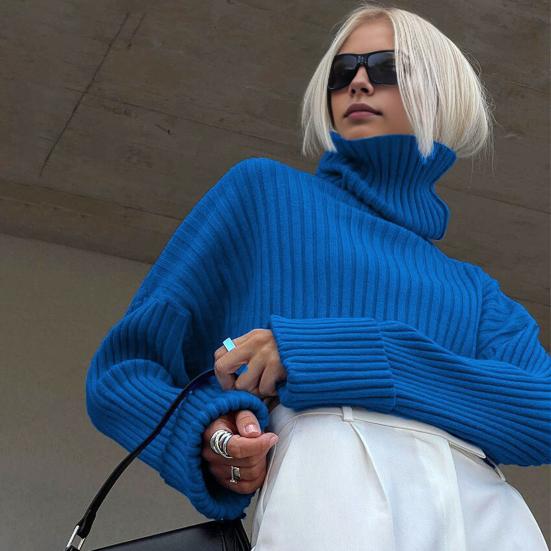 Women Sweater High Collar Flared Long Sleeve Short Knitting Tops Solid Color Loose Fit Ribbed Casual Knitwear