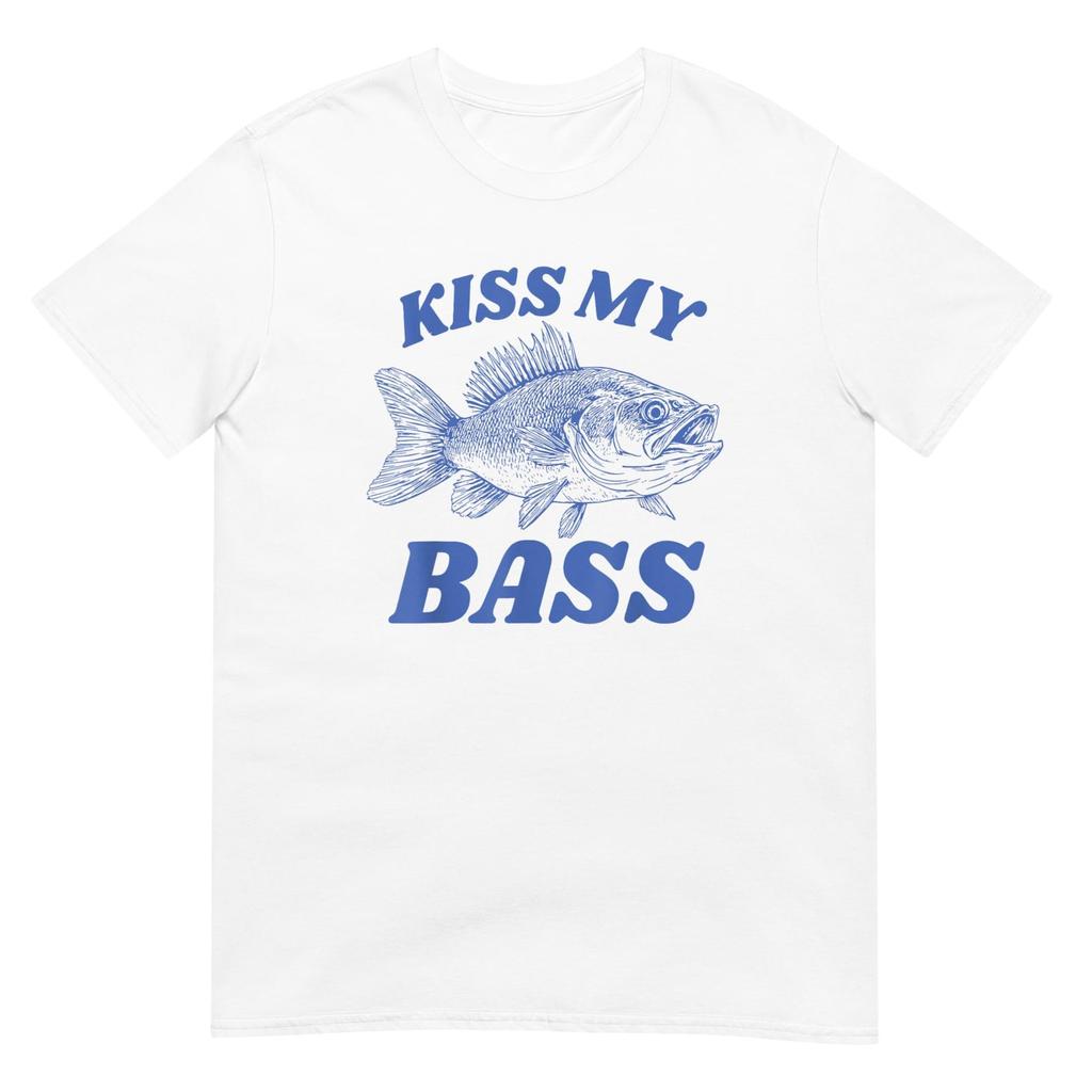 Kiss My Bass shirt, funny fishing graphic tee, casual outdoor wear for anglers, perfect gift for fishing enthusiasts