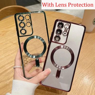 Coque de luxe transparente plaquée pour Magsafe pour Samsung Galaxy S22 S23 S21 Ultra Plus Charge sans fil Silicone Transparent Coques