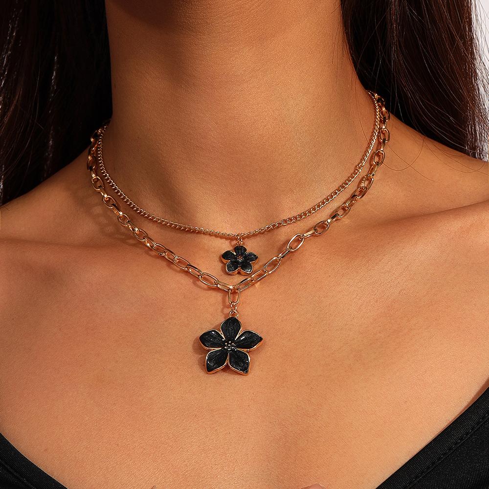 Cute Enemel Flower Necklace Pendant for Women Girls Multilayer Choker Necklaces Chain Party Holiday Jewelry Gift