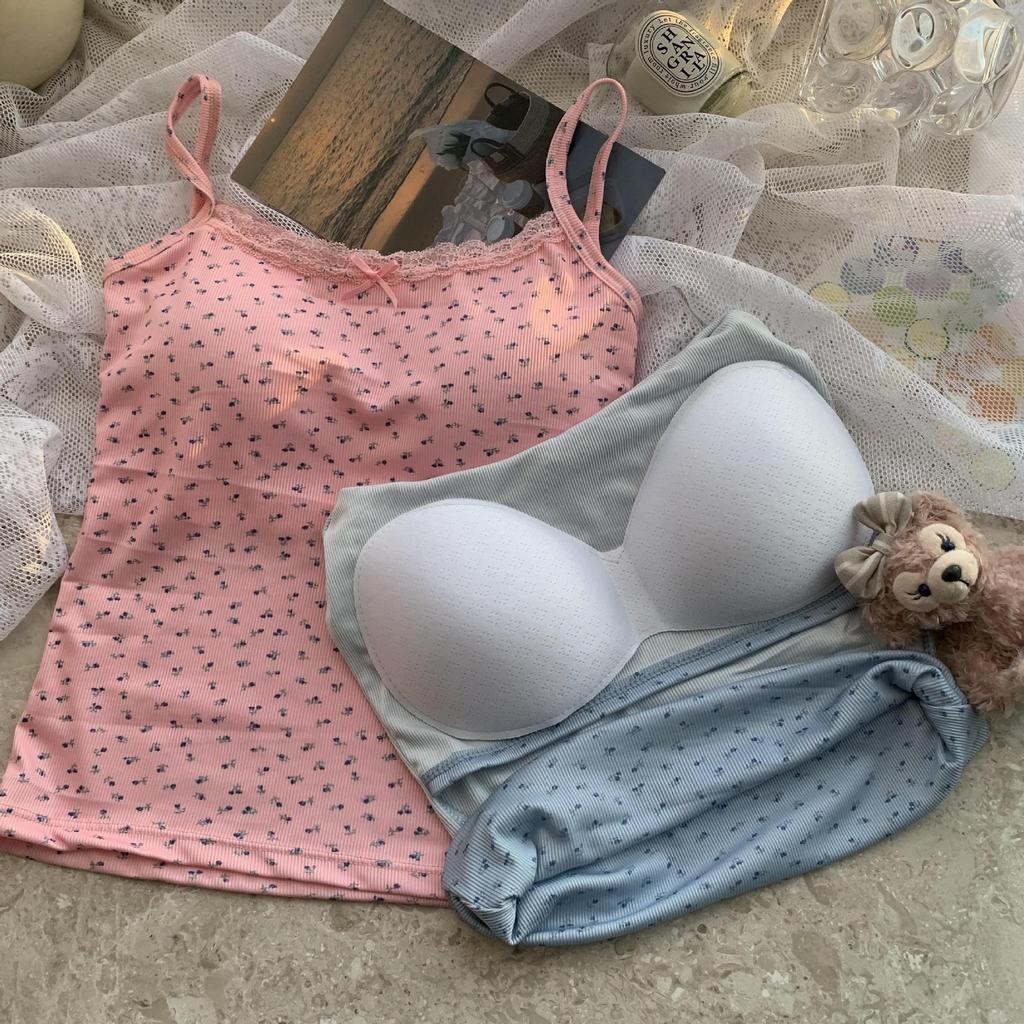 Sweet & Spicy Blue Lace Trim Floral Camisole with Chest Pads for Women