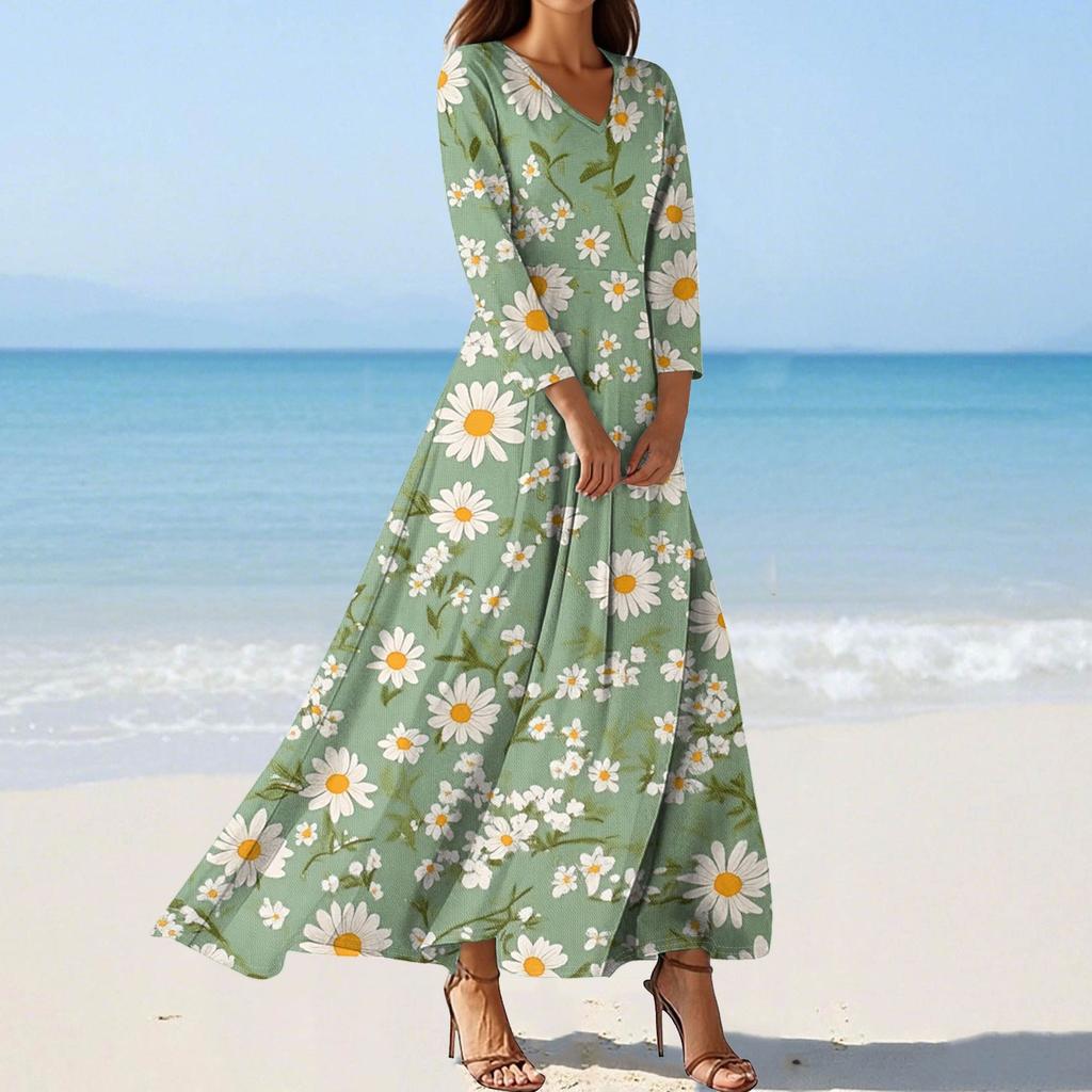 Vestidos de Praia Flutuantes com Decote em V da Moda Feminina, Vestidos Estampados Florais de Sete Mangas