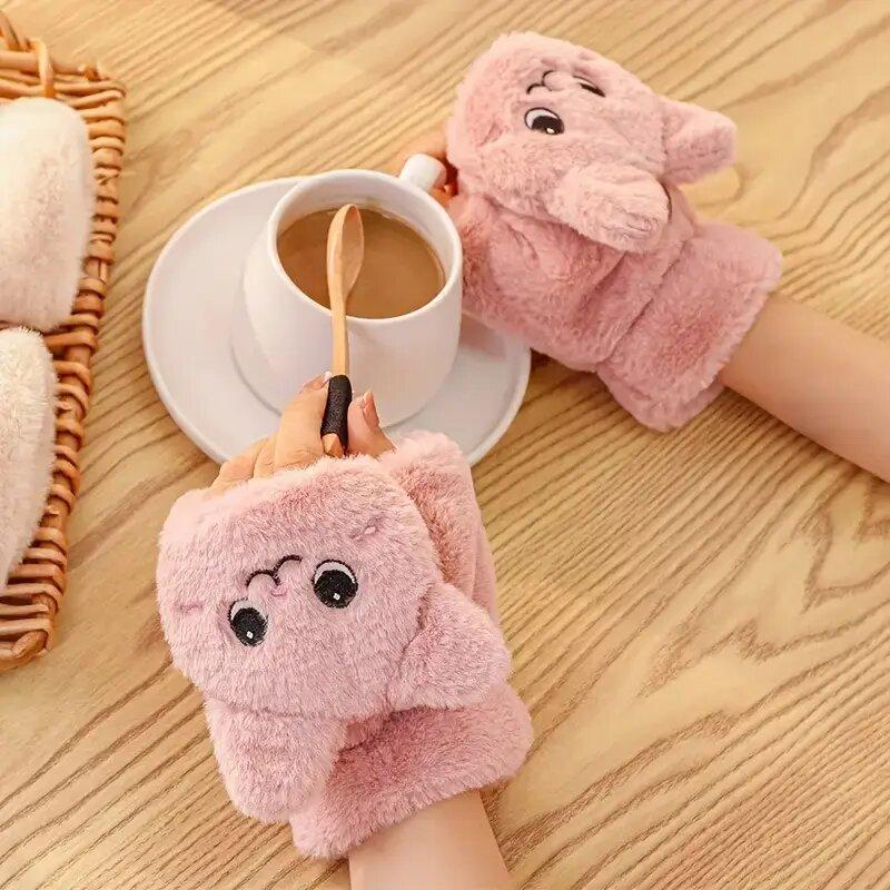 Women Plush Warm Glove Fur Lovely Rabbit Cat Mittens Flip Fingerless Gloves Soft Girls Thick Gloves Flexible Half Finger Winter
