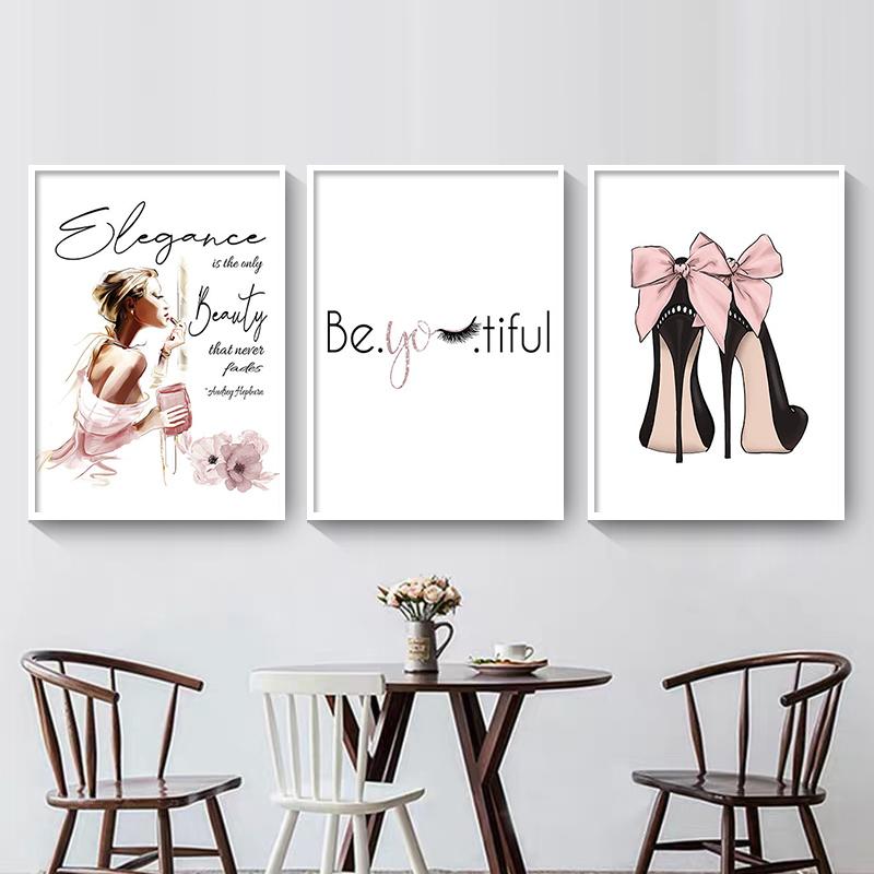 Nordic Art Poster Pink Luxury High Heels Bag Canvas Print Wall Painting Beauty Salon Girls Room Decor Creative Pictures Unframed