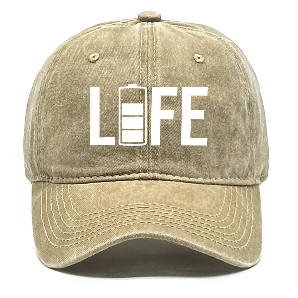 "LIFE" Battery Print Unisex Sun Hat Washed Cotton Hat For Woman Fit Snapback Baseball Hat Perfect For Casual Wear