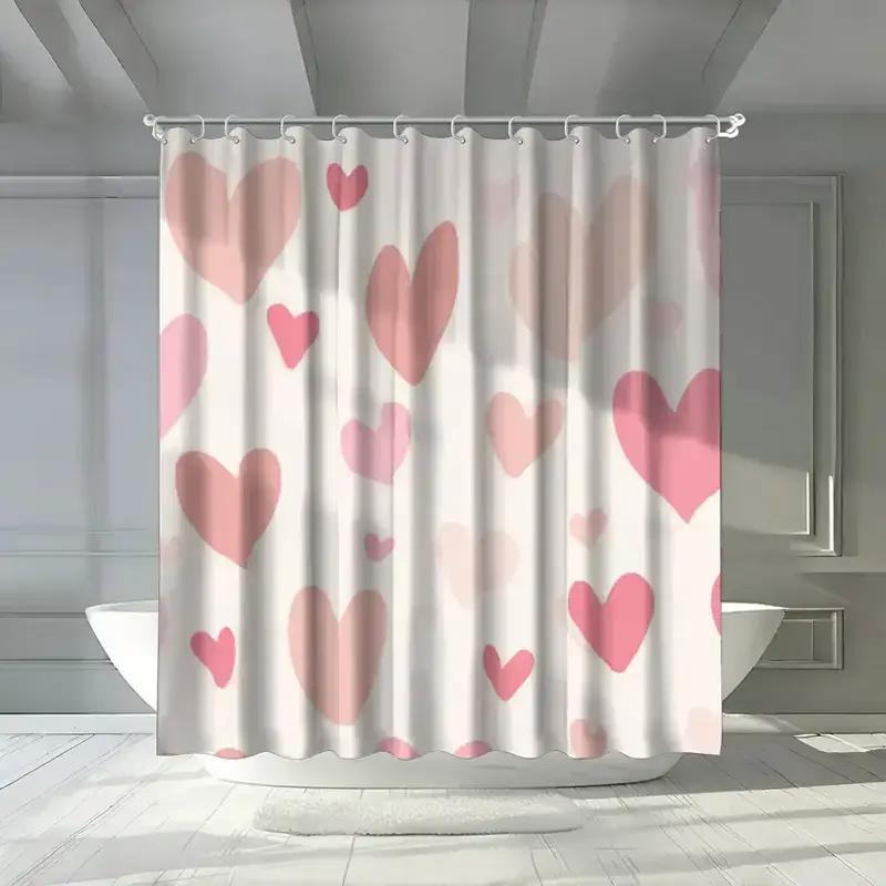 Heart-Patterned Shower Curtain With 12 Hooks, Polyester Fabric, Machine Washable, Suitable For Bathroom Dcor.