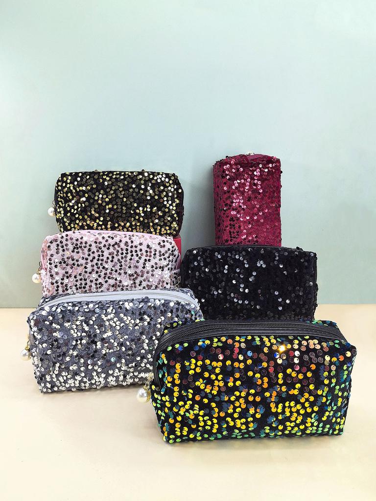 Velvet Sequin Makeup Bag With Large Capacity For Travel And Daily Use