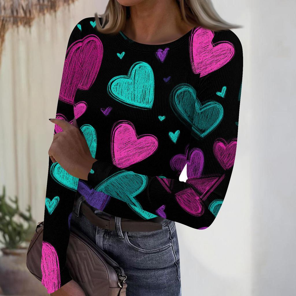 Women's Casual And Fashionable Round-neck Long-sleeved Ribbed Top With Valentine's Day Print.