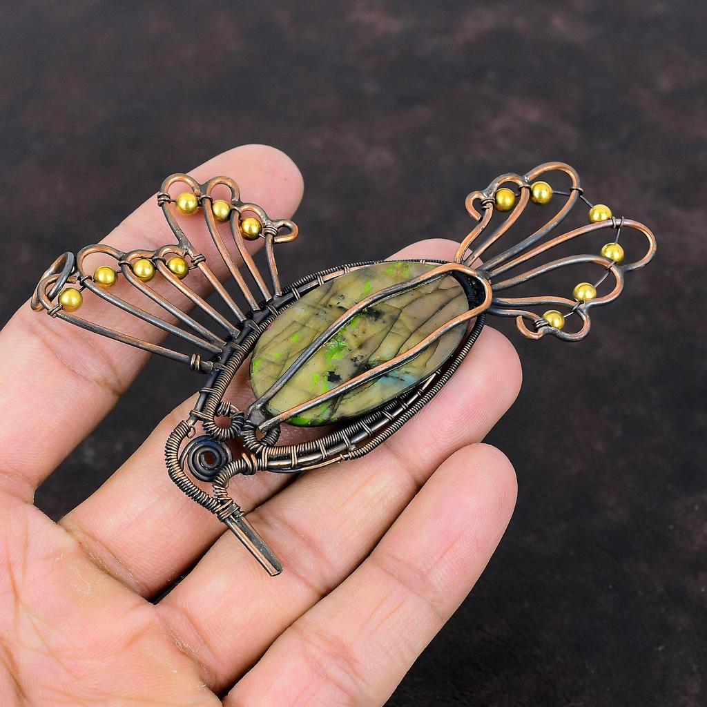 Multi Fire Labradorite Pendant Copper Wire Wrapped Pendant Handmade Gemstone Pendant Unique Copper Jewelry Bird Pendant Gift For Anniversary