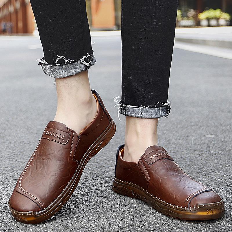 Handmade Leather Men Shoes Casual Outdoor Slip On Loafers Men Leather Shoes Flats Moccasins Walking Shoes Non Slip Dropshipping