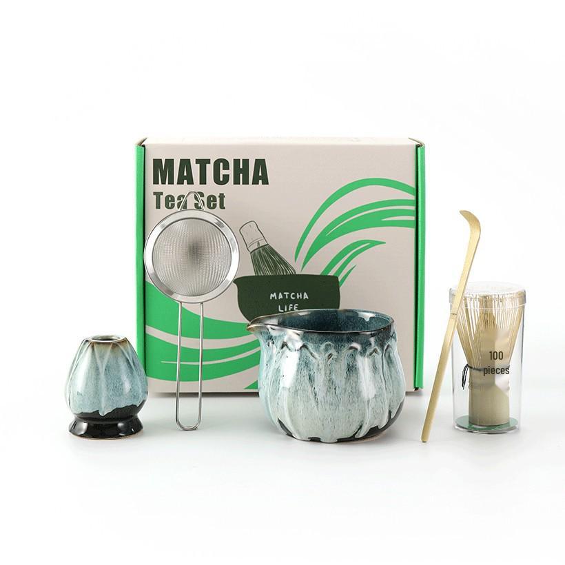 Ceramic Japanese Matcha Tea Ceremony Set with Hundred-Pronged Whisk, Holder, and Brush